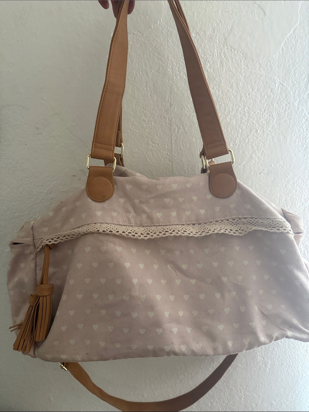 Women's Heart-Print weekender Bag in Light Pink with Tan Straps